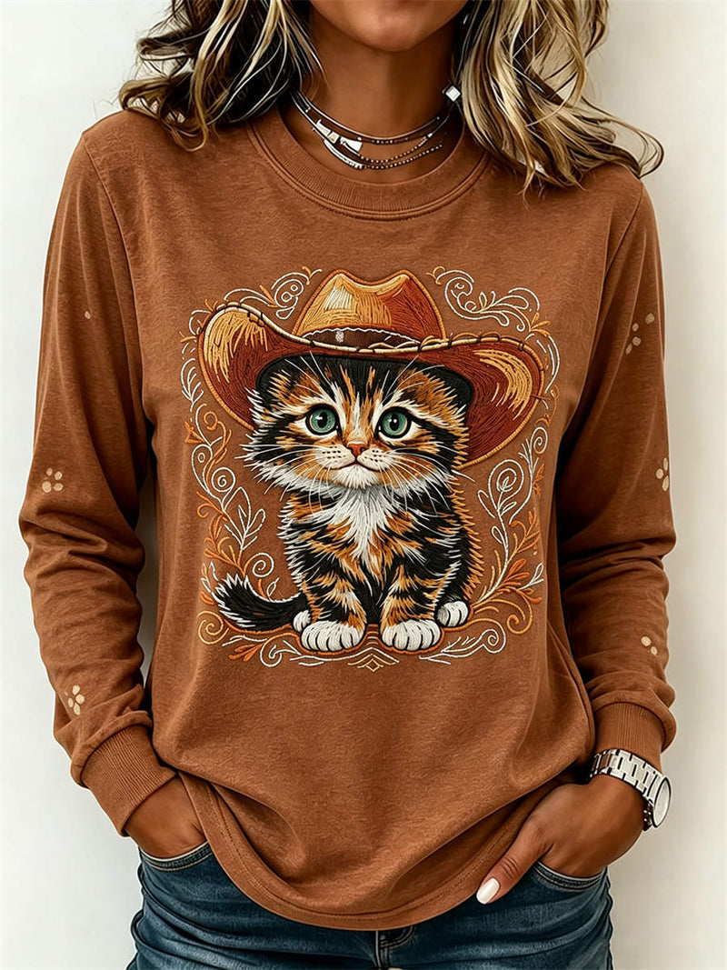 Women's Brown Cowboy Hat Cat Paw Print Round Neck Long Sleeve Top