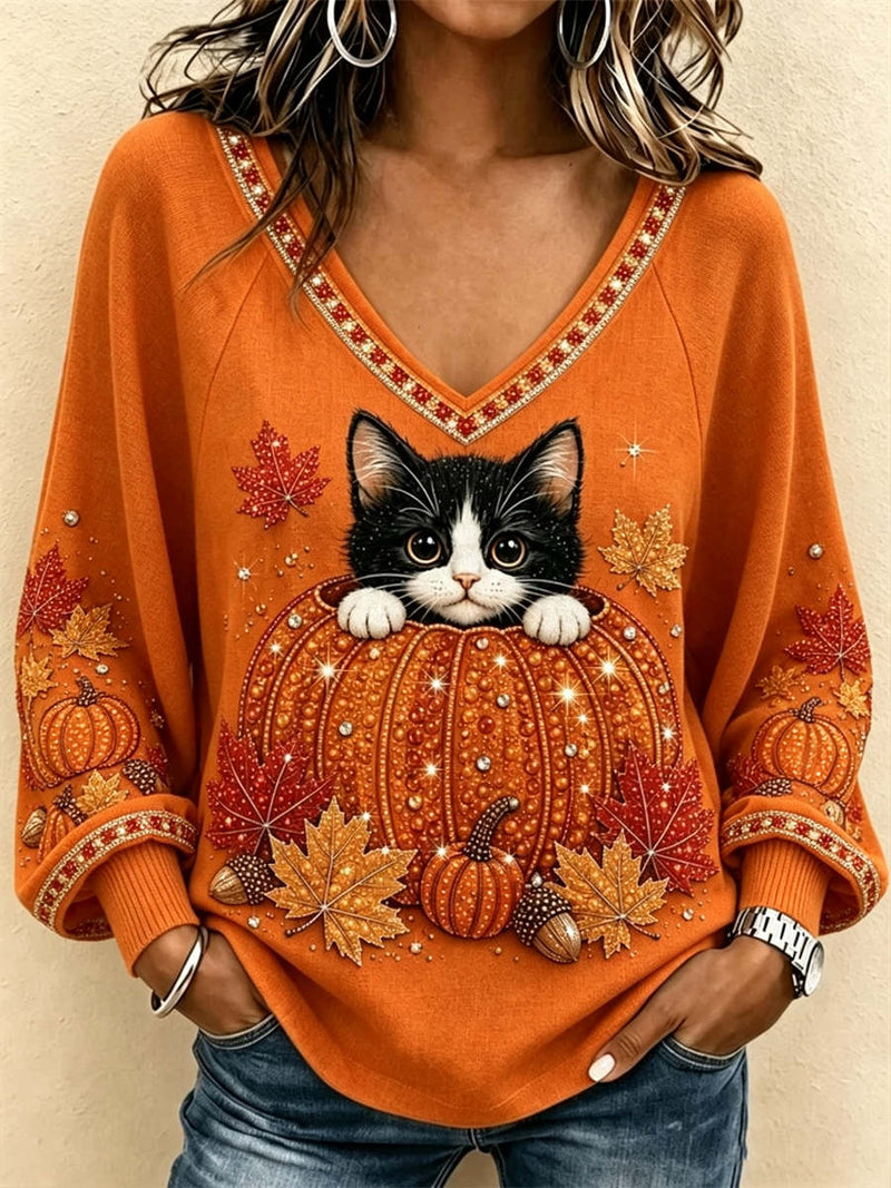 Women's Halloween Orange Cat Pumpkin Print V Neck Long Sleeve Top