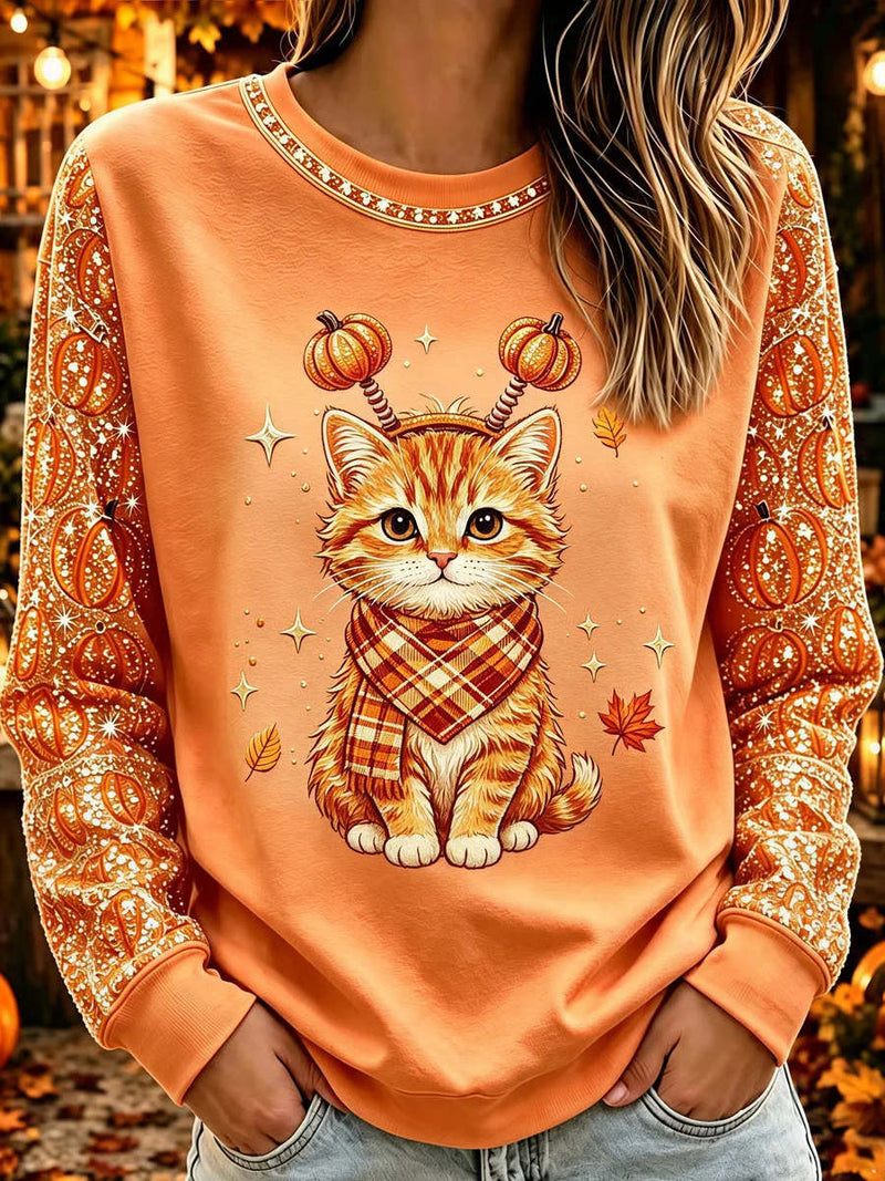 Women's Halloween Orange Plaid Scarf Cat Pumpkin Print Round Neck Long Sleeve Top