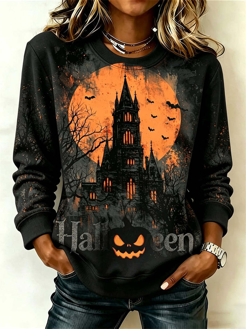 Women's Halloween Black Castle Moon Pumpkin Letter Print Round Neck Long Sleeve Sweatshirt