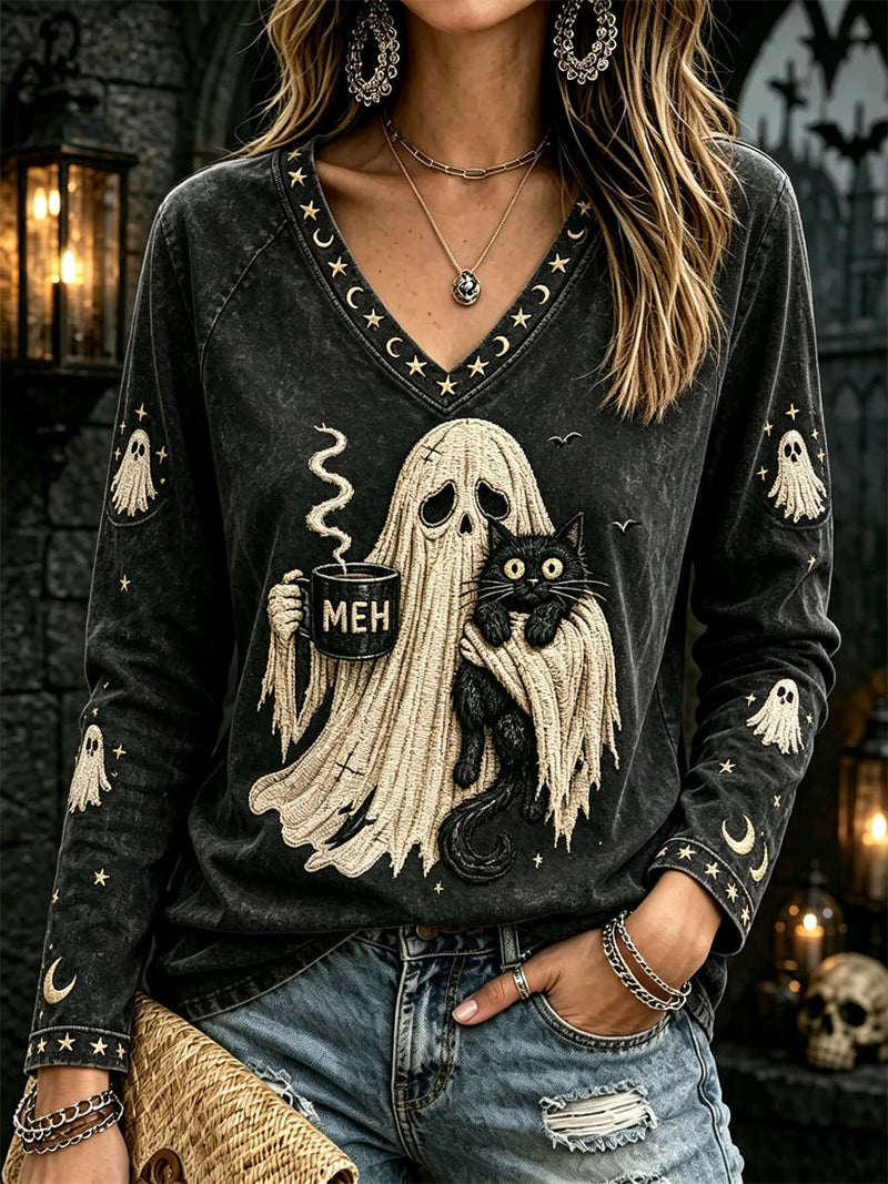Women's Halloween Black Ghost Black Cat Coffee Cup Print V Neck Long Sleeve Top