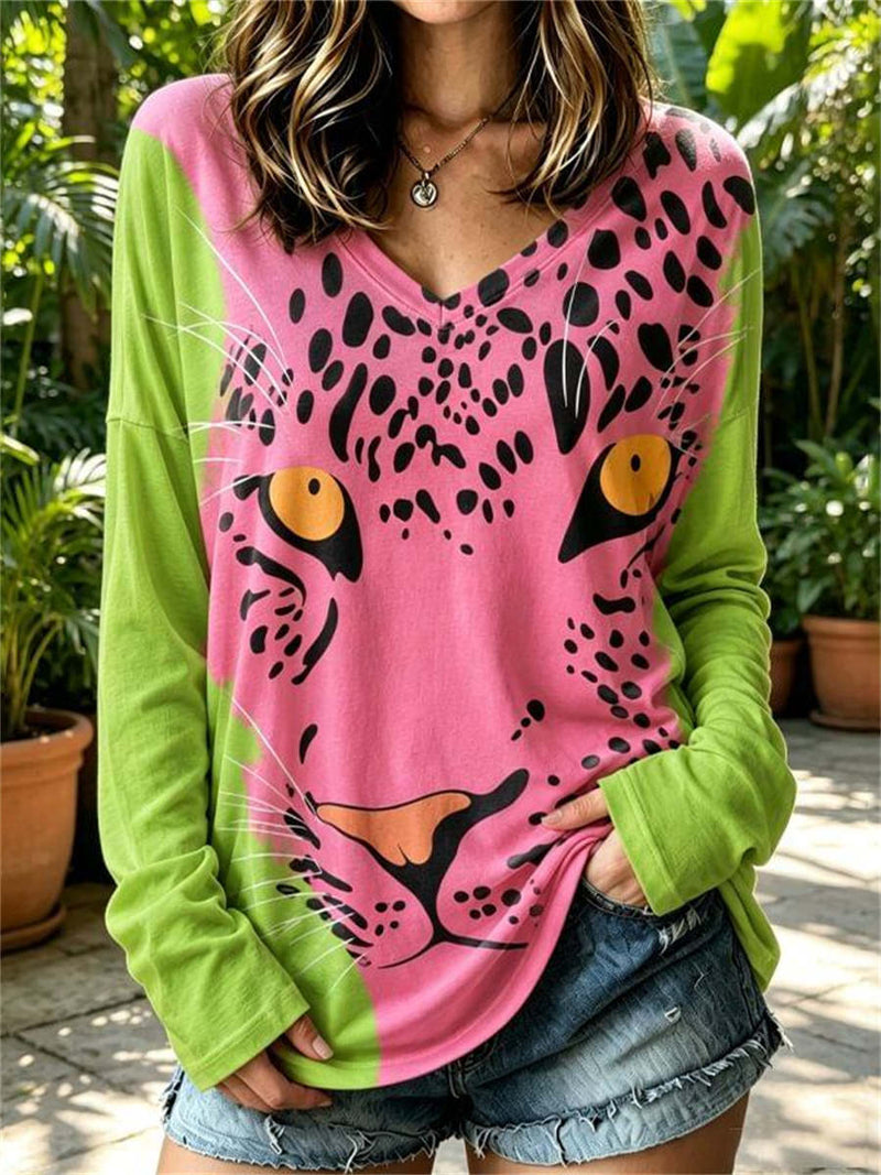 Women's Pink Green Color Block Leopard Face Print V Neck Long Sleeve Top