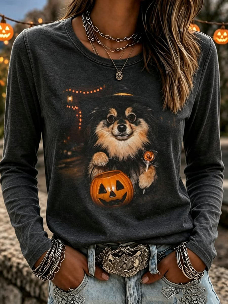 Women's Halloween Dark Grey Dog Pumpkin Print Round Neck Long Sleeve Top