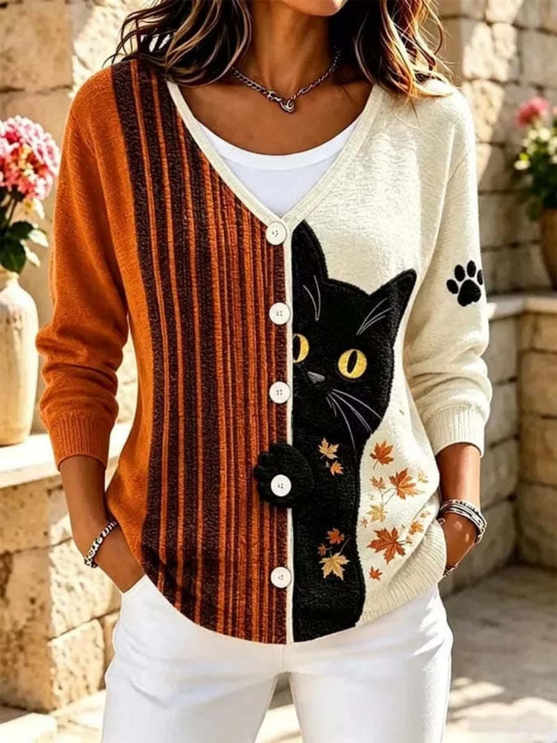 Women's Multi Black Cat Maple Leaf Stripe Print V Neck Long Sleeve Knit Top
