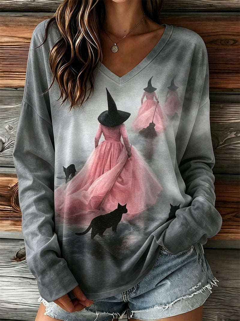 Women's Halloween Grey Pink Witch Black Cat Print V Neck Long Sleeve Top