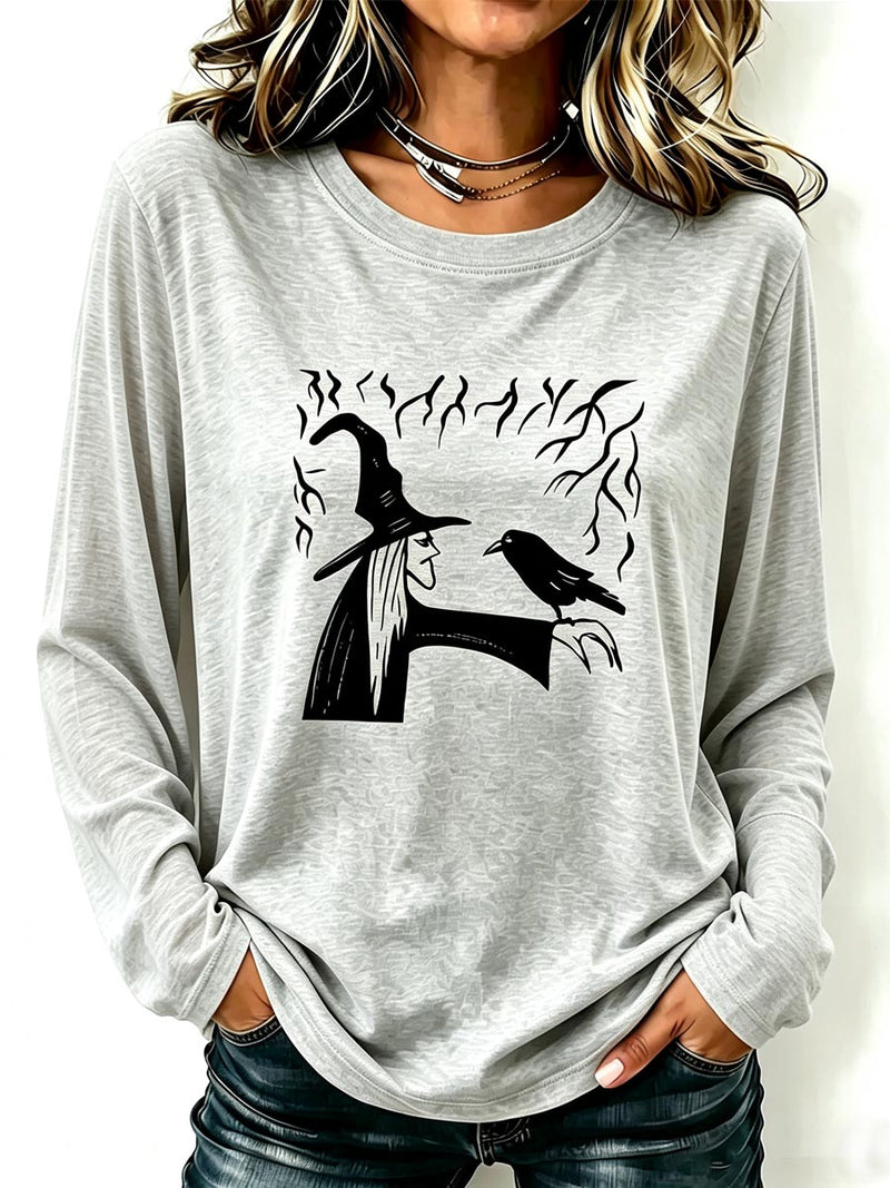Women's Halloween Grey Witch Crow Print Round Neck Long Sleeve Top