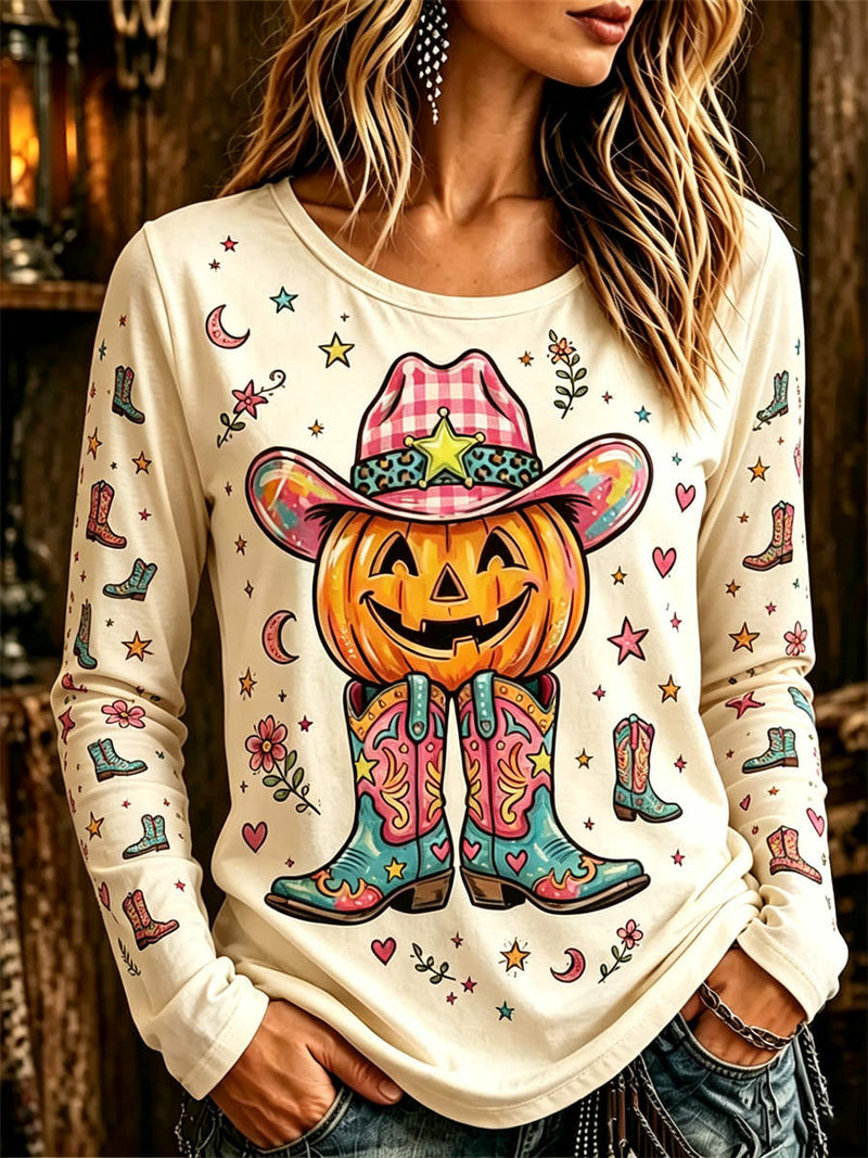 Women's Halloween Cream Pumpkin Cowboy Hat Boots Print Round Neck Long Sleeve Top