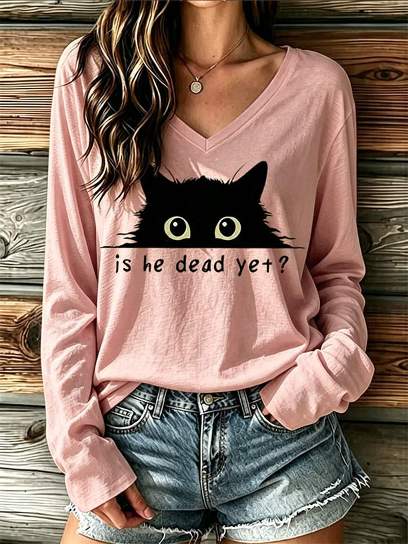 Women's Halloween Pink Black Cat Letter Print V Neck Long Sleeve Top