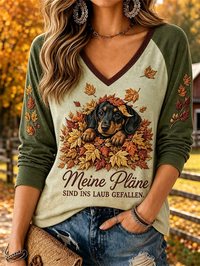 Women's Green Dachshund Maple Leaf Letter Print V Neck Long Sleeve Top