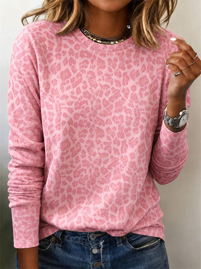 Women's Pink Leopard Print Round Neck Long Sleeve Top
