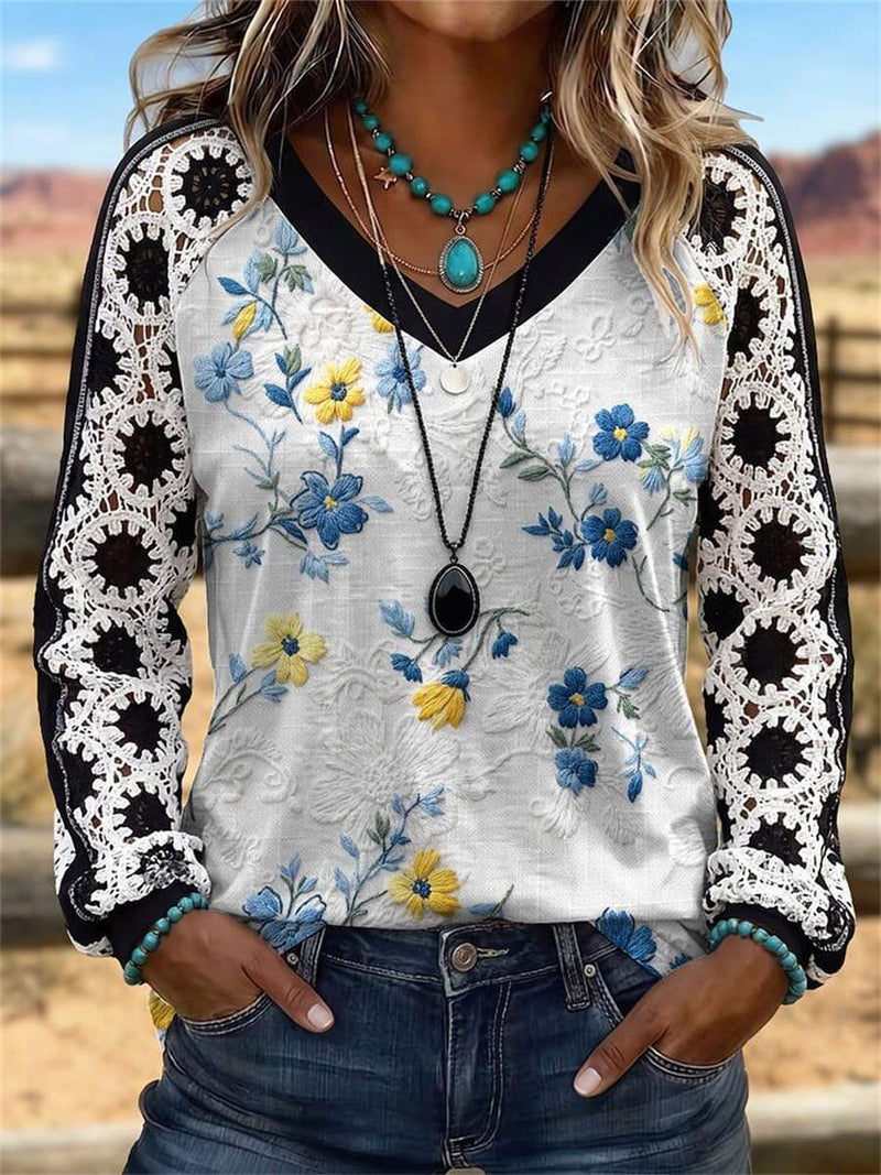 Women's White Floral Print Lace Splicing V Neck Raglan Long Sleeve Top
