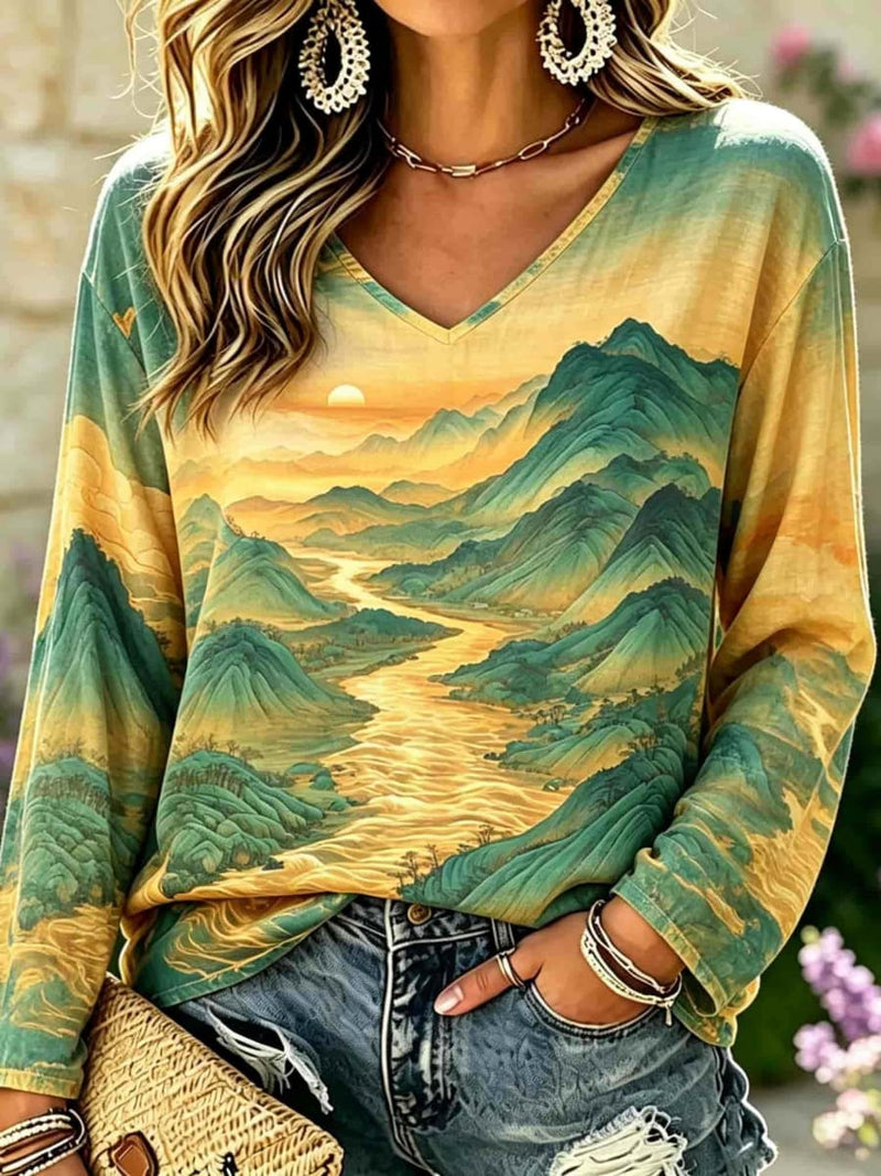 Women's Green Yellow Mountain River Landscape Print V Neck Long Sleeve Top