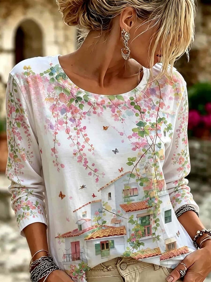 Women's White Watercolor Town House Floral Print Round Neck Long Sleeve Top