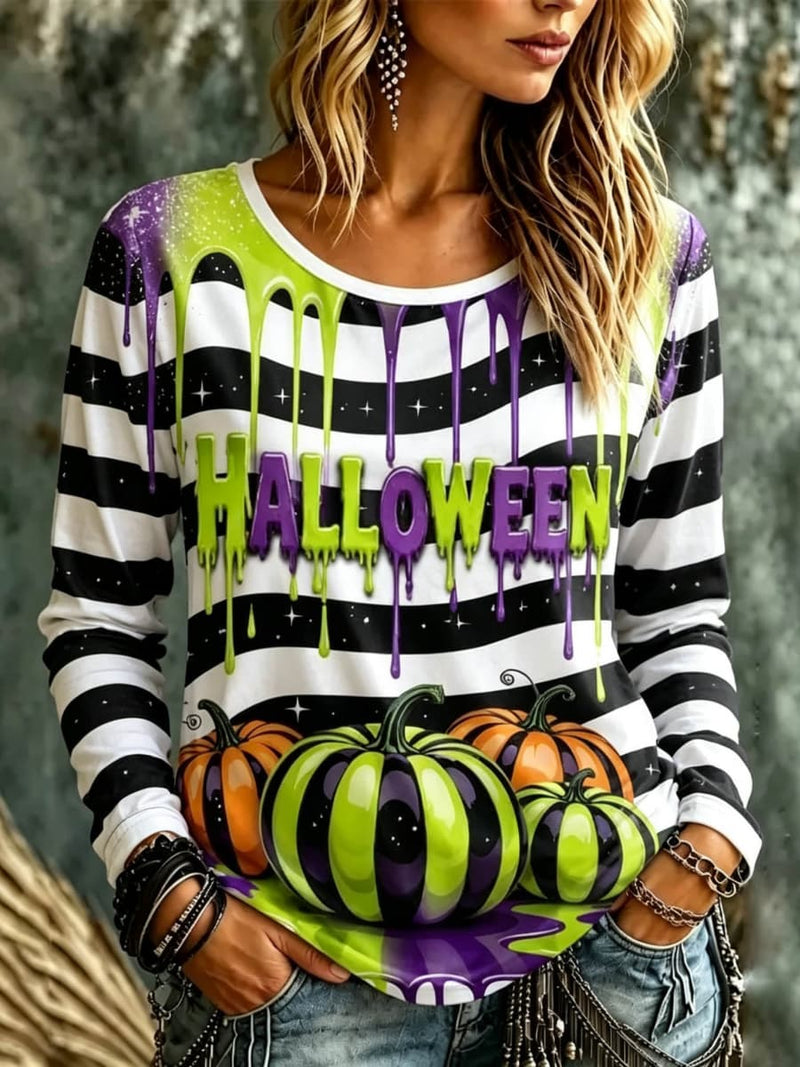 Women's Halloween Black White Stripe Pumpkin Letter Drip Print Round Neck Long Sleeve Top