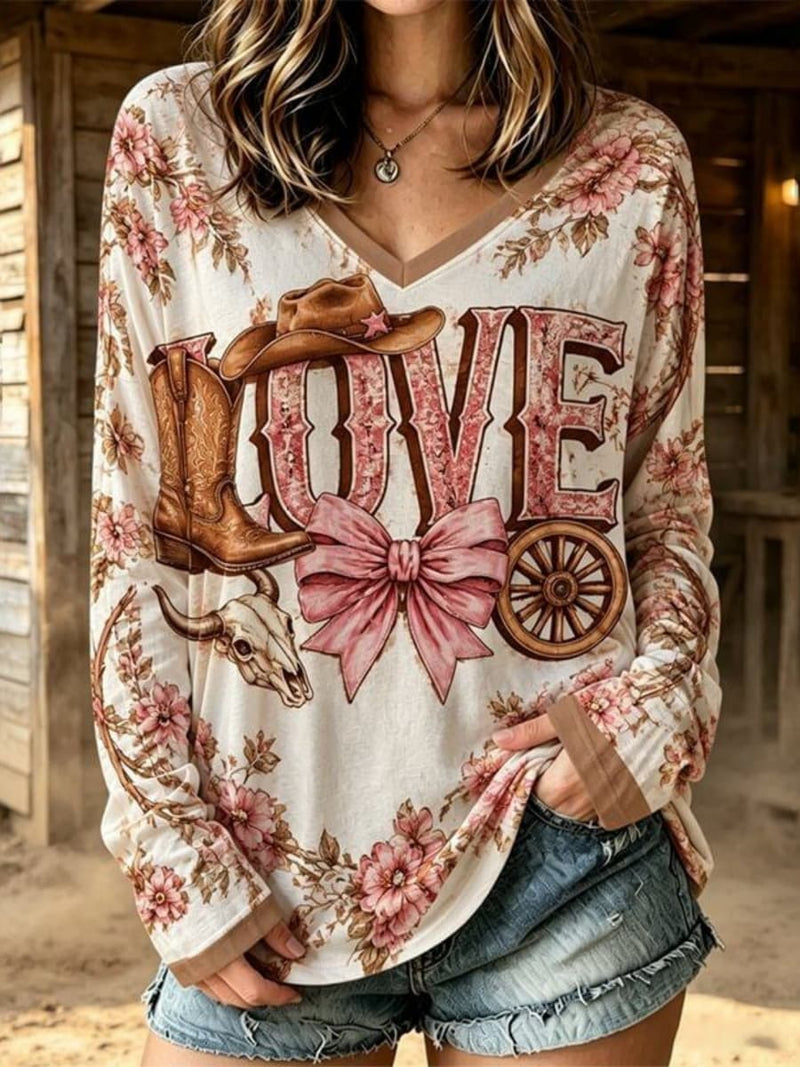 Women's White Cowboy Boot Floral Letter Print V Neck Long Sleeve Top