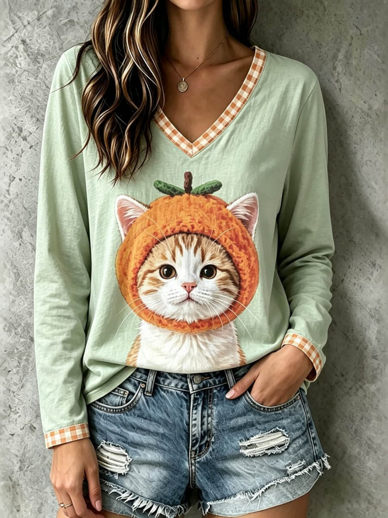 Women's Light Green Cat Orange Fruit Hat Print V Neck Long Sleeve Top