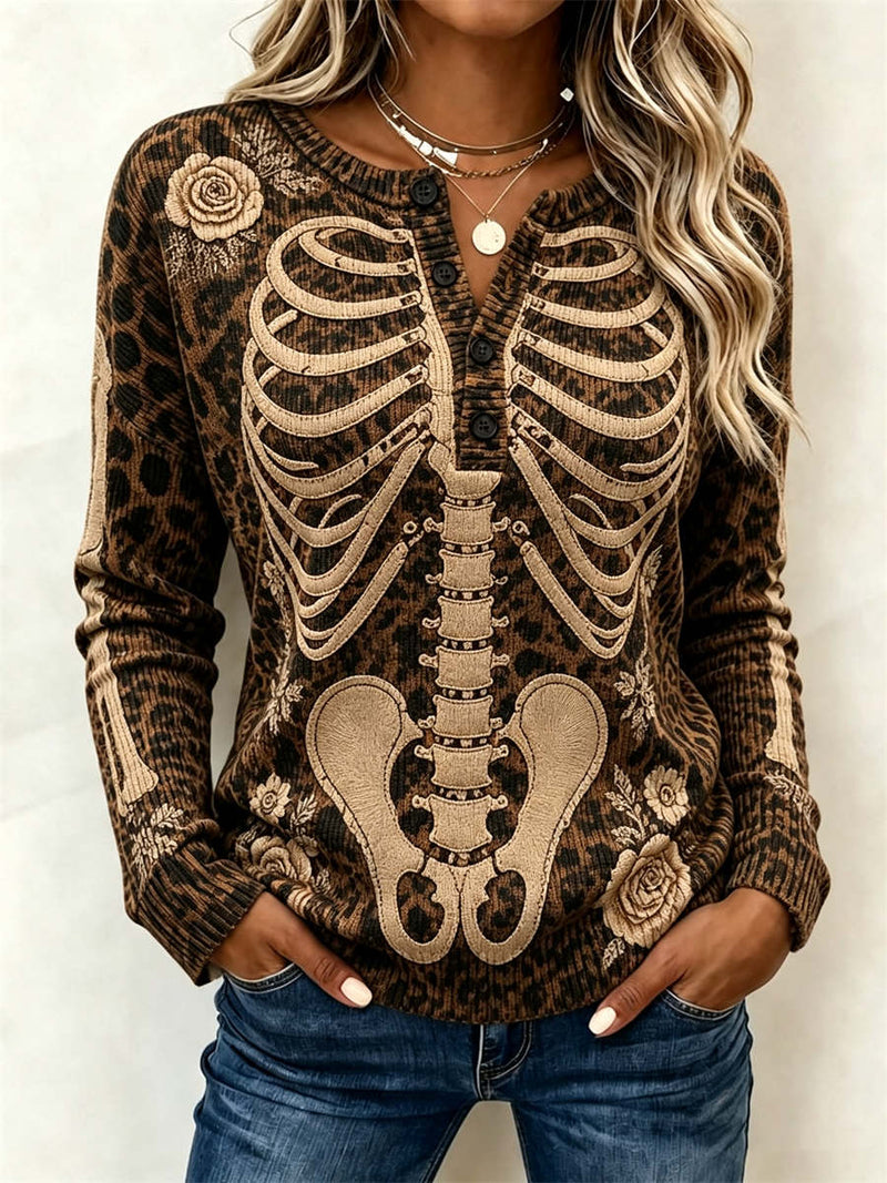 Women's Halloween Leopard Skeleton Rose Print Henley Neck Long Sleeve Top