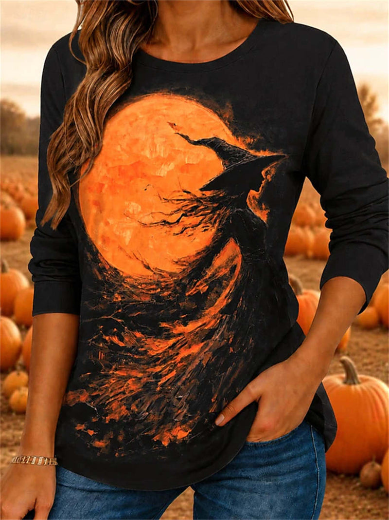 Women's Halloween Black Witch Orange Moon Print Round Neck Long Sleeve Top