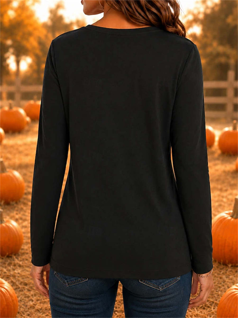 Women's Halloween Black Witch Orange Moon Print Round Neck Long Sleeve Top