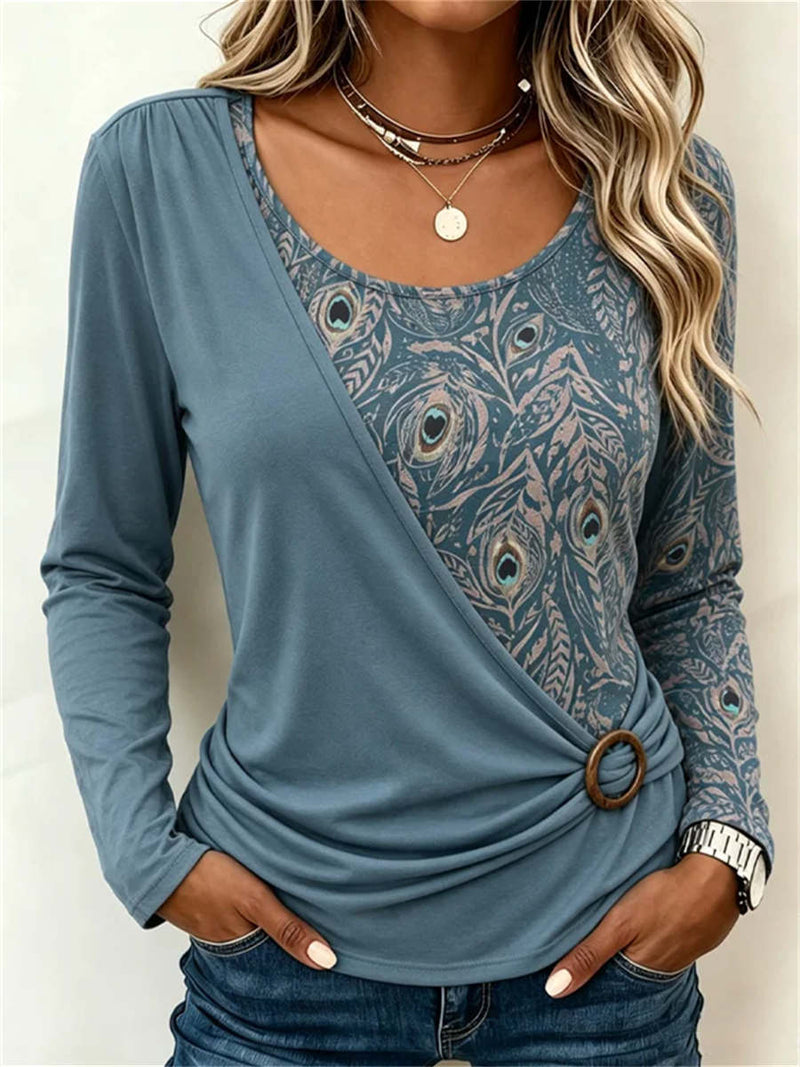 Women's Dusty Blue Peacock Feather Print Round Neck Long Sleeve Top