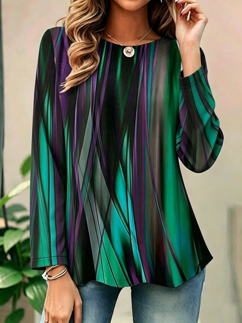 Women's Green Purple Gradient Geometric Stripe Print Round Neck Long Sleeve Top
