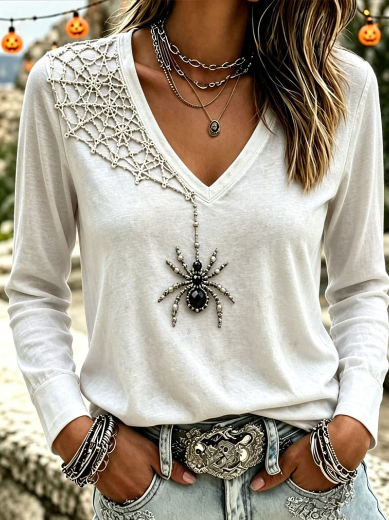 Women's Halloween White Spider Print V Neck Long Sleeve Top