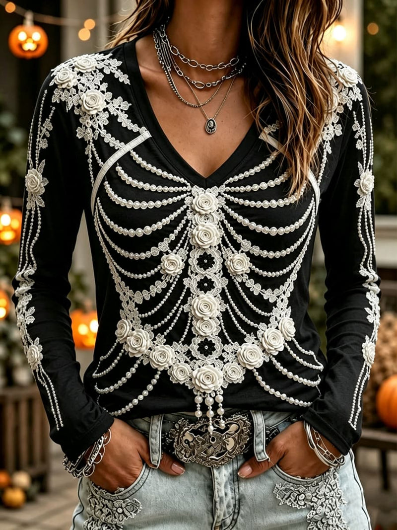 Women's Halloween Black Skeleton Rose Print V Neck Long Sleeve Top