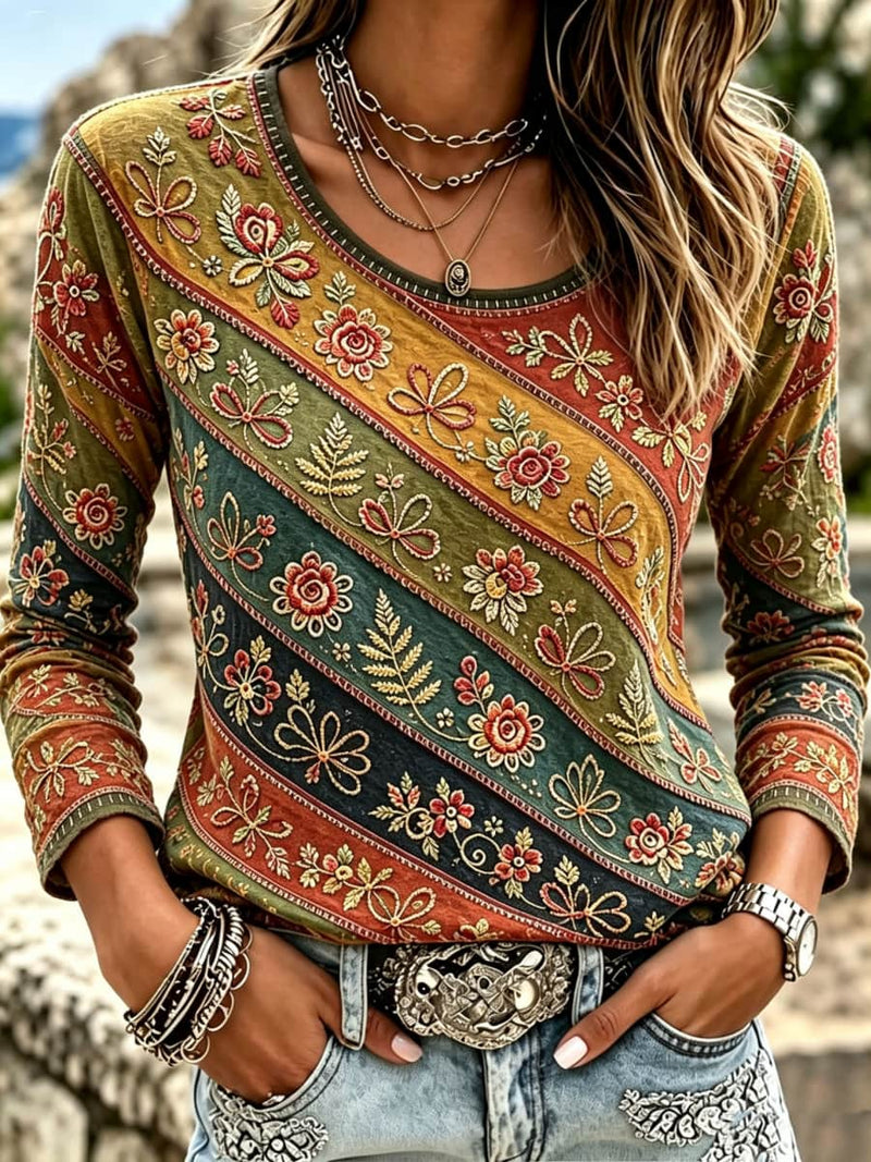 Women's Multi Diagonal Stripe Floral Print Round Neck Long Sleeve Top
