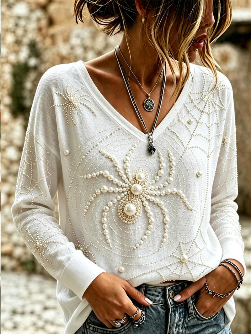 Women's Halloween White Pearl Spider Web V Neck Long Sleeve Top
