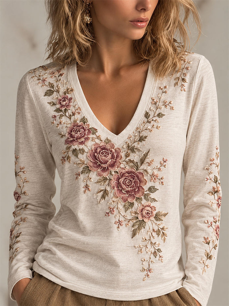 Women's Off White Vintage Rose Floral Print V Neck Long Sleeve Top