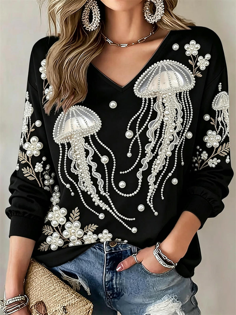 Women's Black Jellyfish Floral Print V Neck Long Sleeve Top