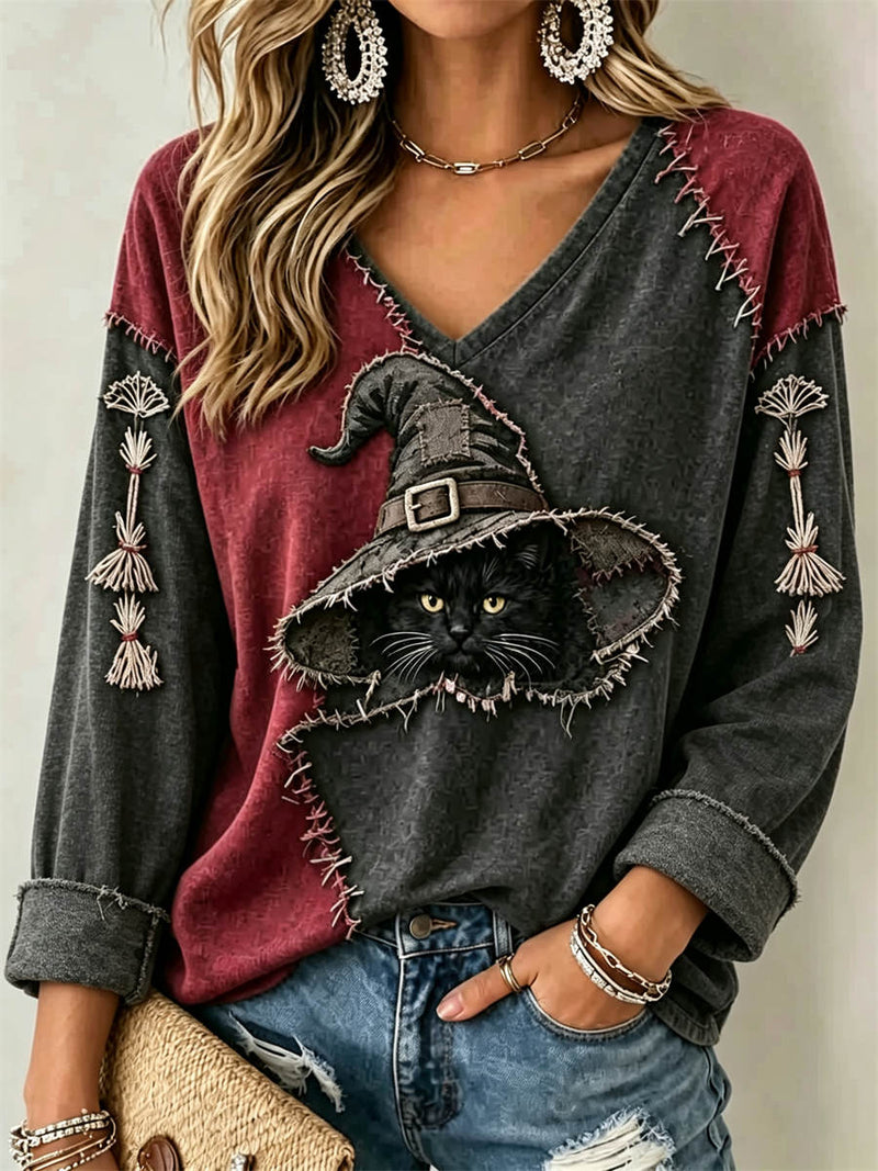 Women's Halloween Grey Burgundy Black Cat Witch Hat Print V Neck Long Sleeve Top