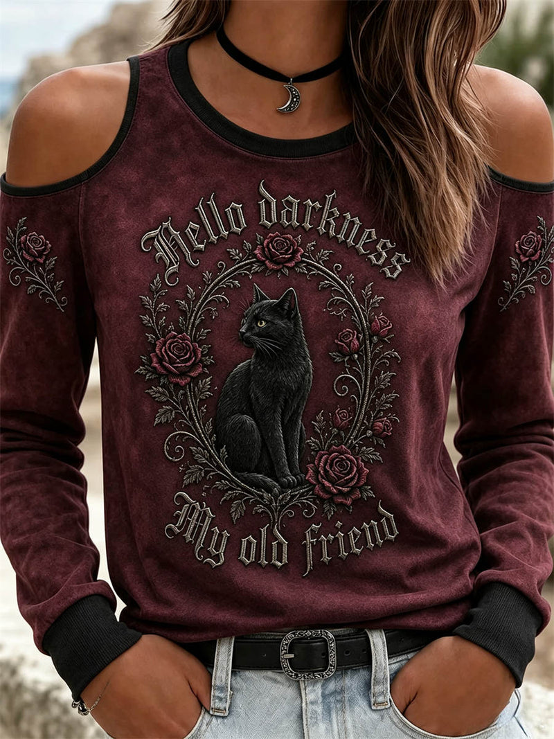 Women's Halloween Wine Red Black Cat Rose Letter Print Cold Shoulder Long Sleeve Top