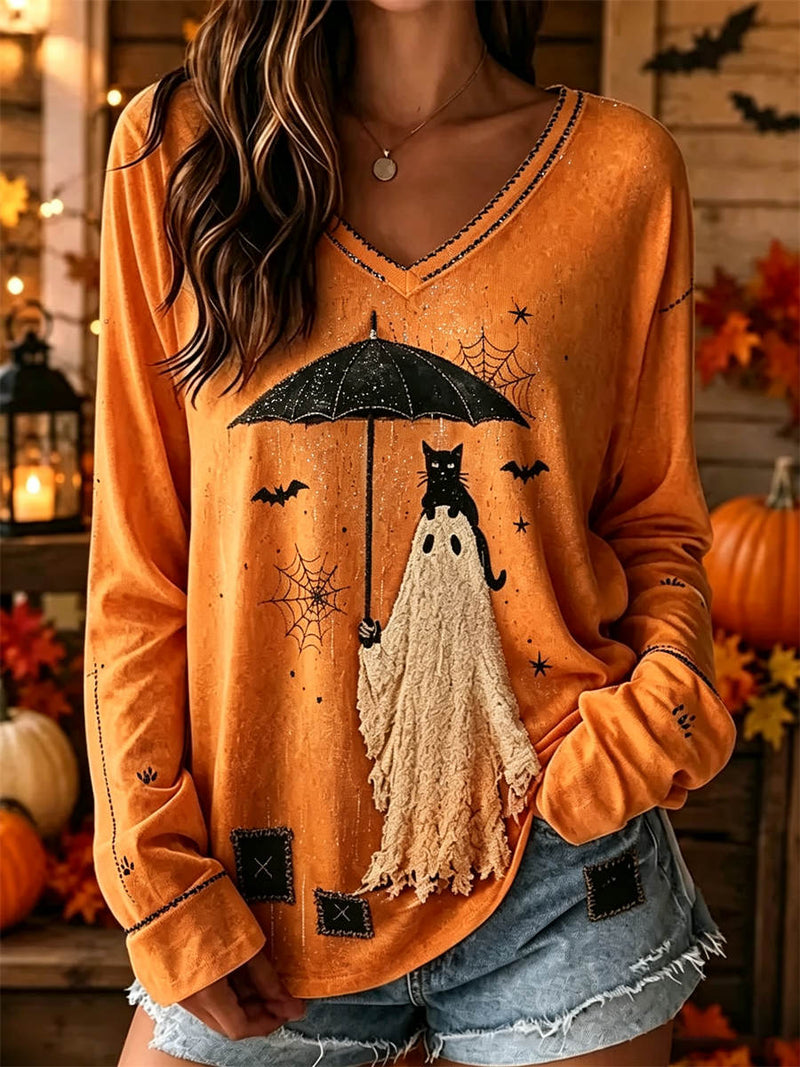 Women's Halloween Orange Ghost Black Cat Bat Web Print V Neck Long Sleeve Top