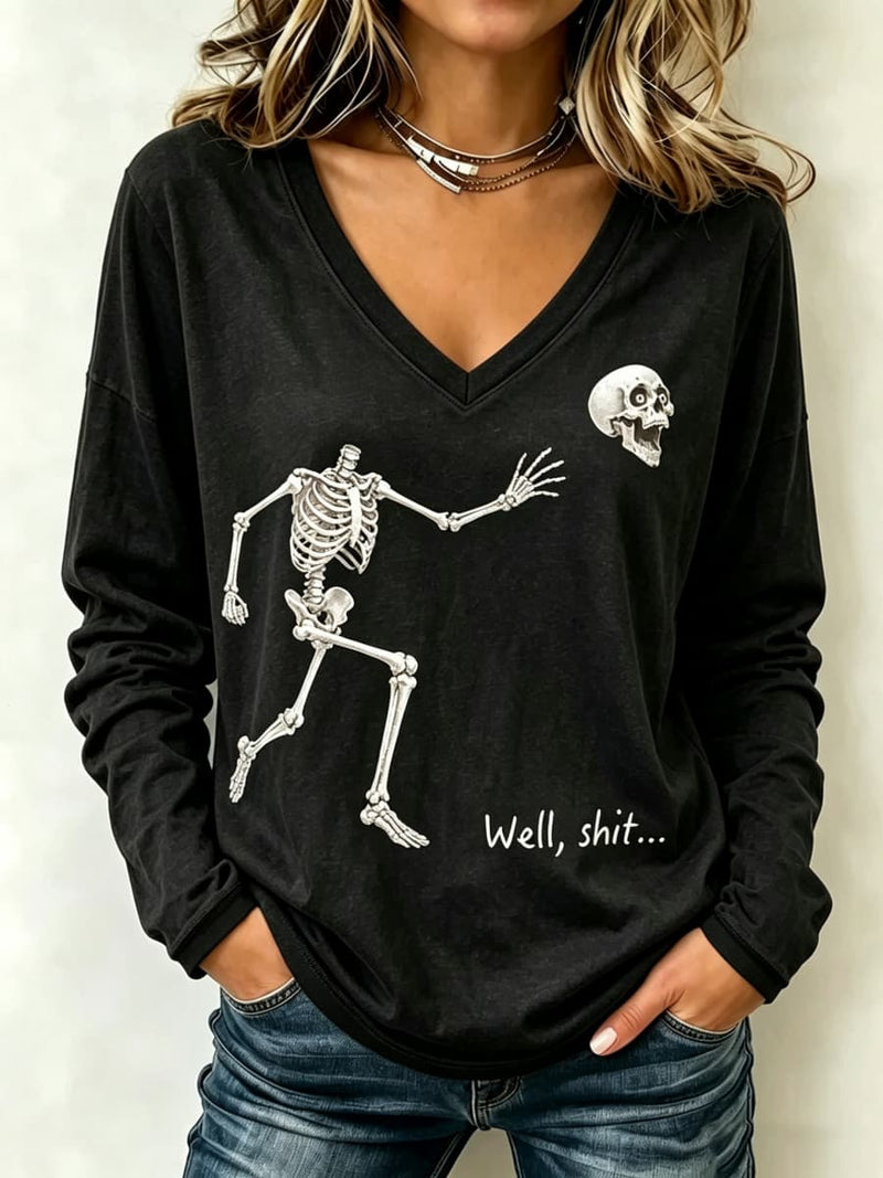 Women's Halloween Black Skeleton Print V Neck Long Sleeve Top