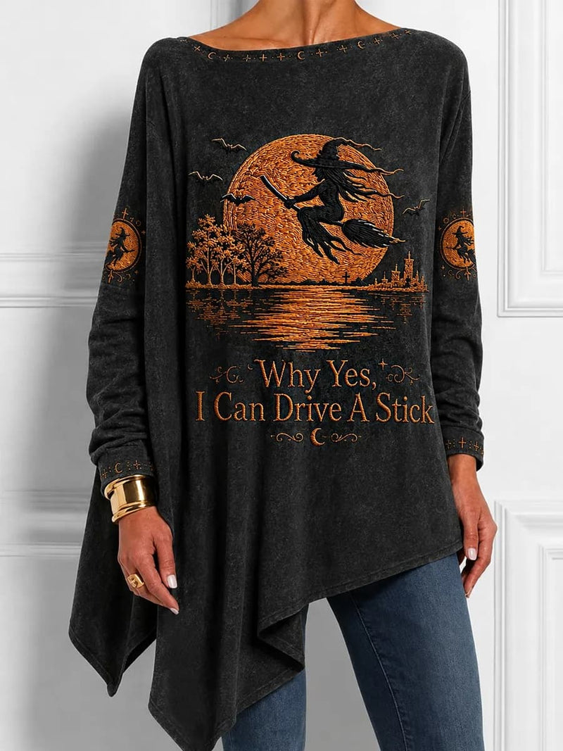 Women's Halloween Black Witch Broom Moon Print Round Neck Long Sleeve Irregular Top