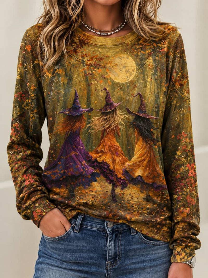 Women's Halloween Multi Witch Forest Moon Print Round Neck Long Sleeve Top