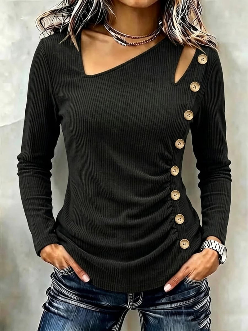 Women's Black Cutout Asymmetrical Neck Button Decor Ruched Long Sleeve Top