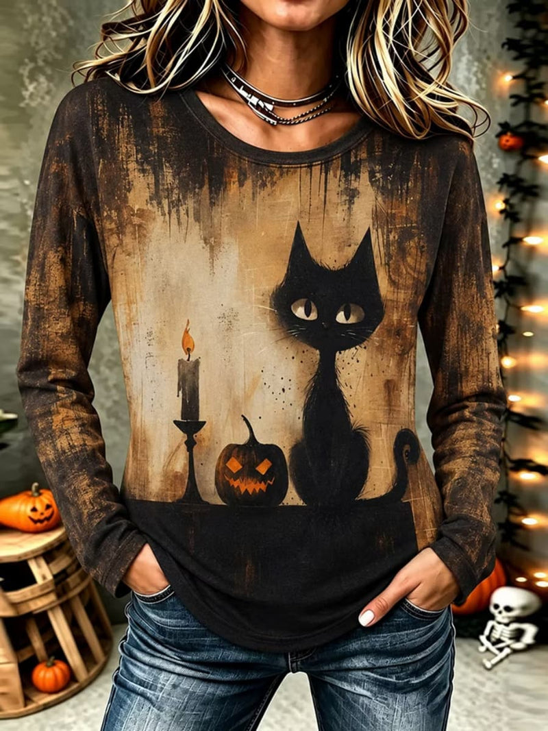 Women's Halloween Brown Black Vintage Black Cat Pumpkin Candle Print Round Neck Long Sleeve Top