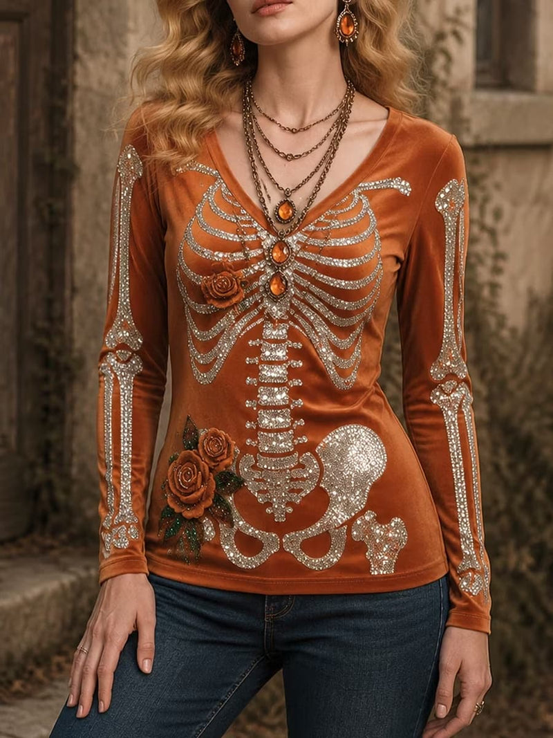 Women's Halloween Orange Skeleton Rose Print V Neck Long Sleeve Top