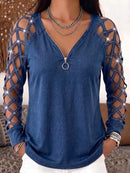 Women's Blue Zip V Neck Cutout Long Sleeve Top