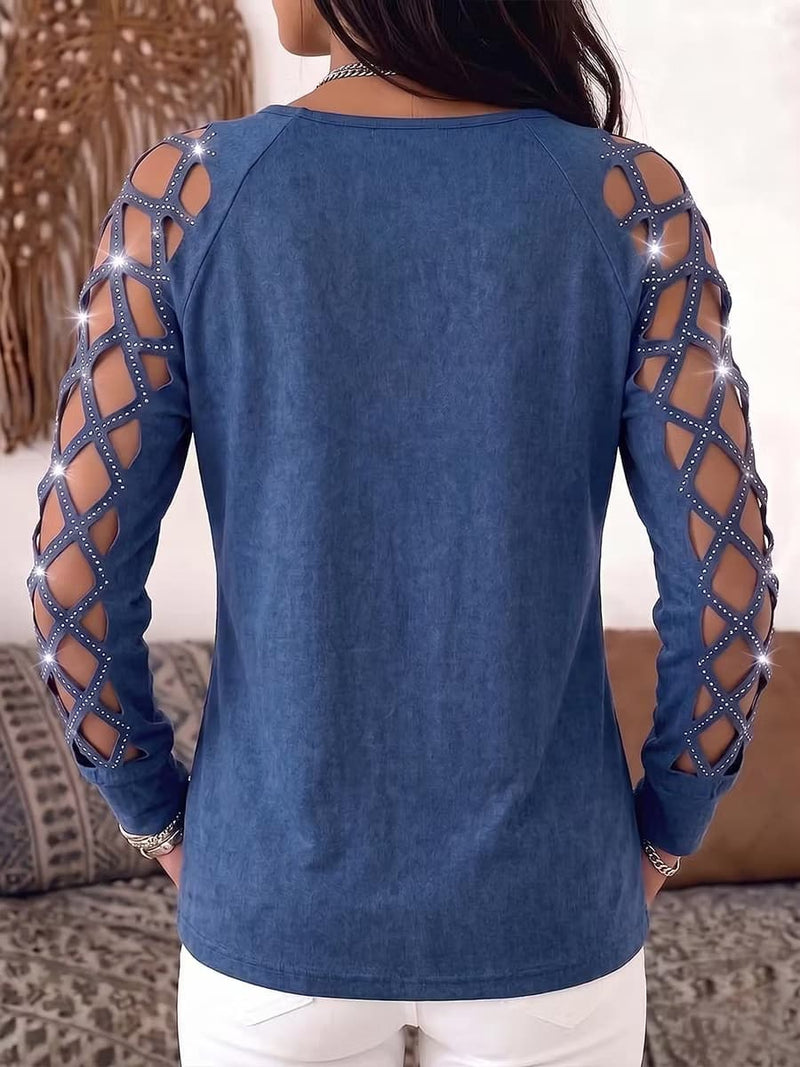 Women's Blue Zip V Neck Cutout Long Sleeve Top