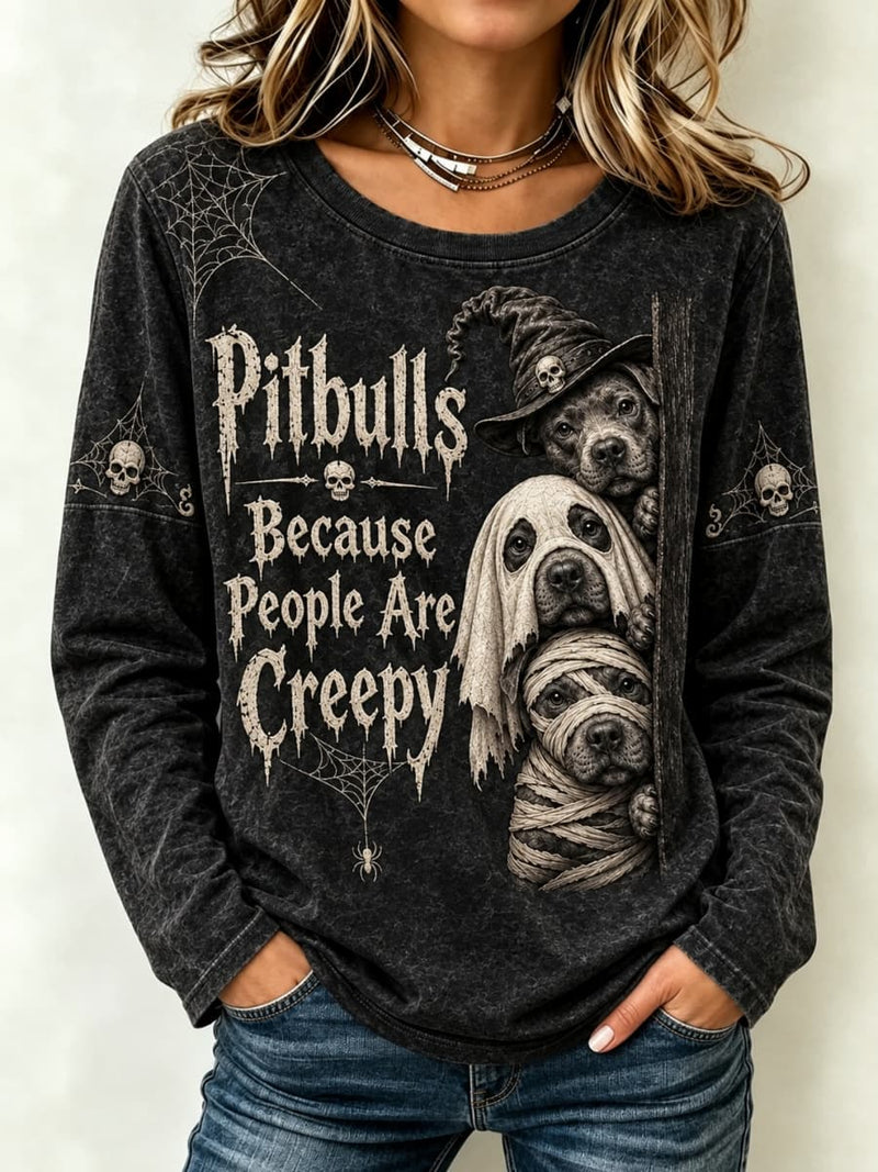 Women's Halloween Black Pitbull Dog Skull Web Print Round Neck Long Sleeve Top