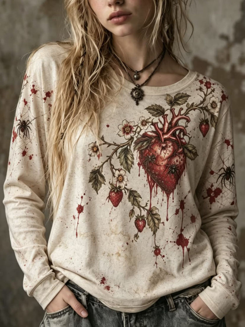 Women's Halloween Beige Strawberry Heart Spider Blood Splatter Print Round Neck Long Sleeve Top