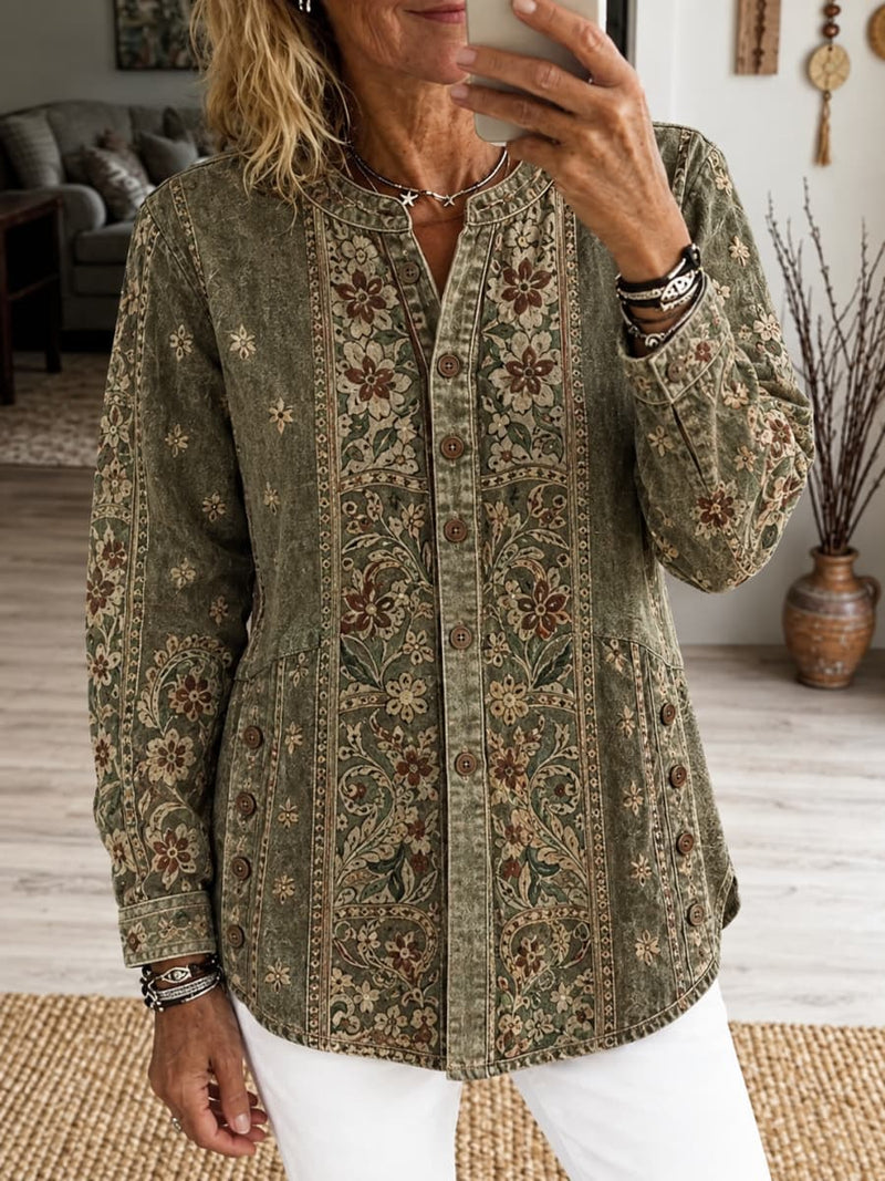 Women's Olive Green Ethnic Floral Print Notch Collar Long Sleeve Top