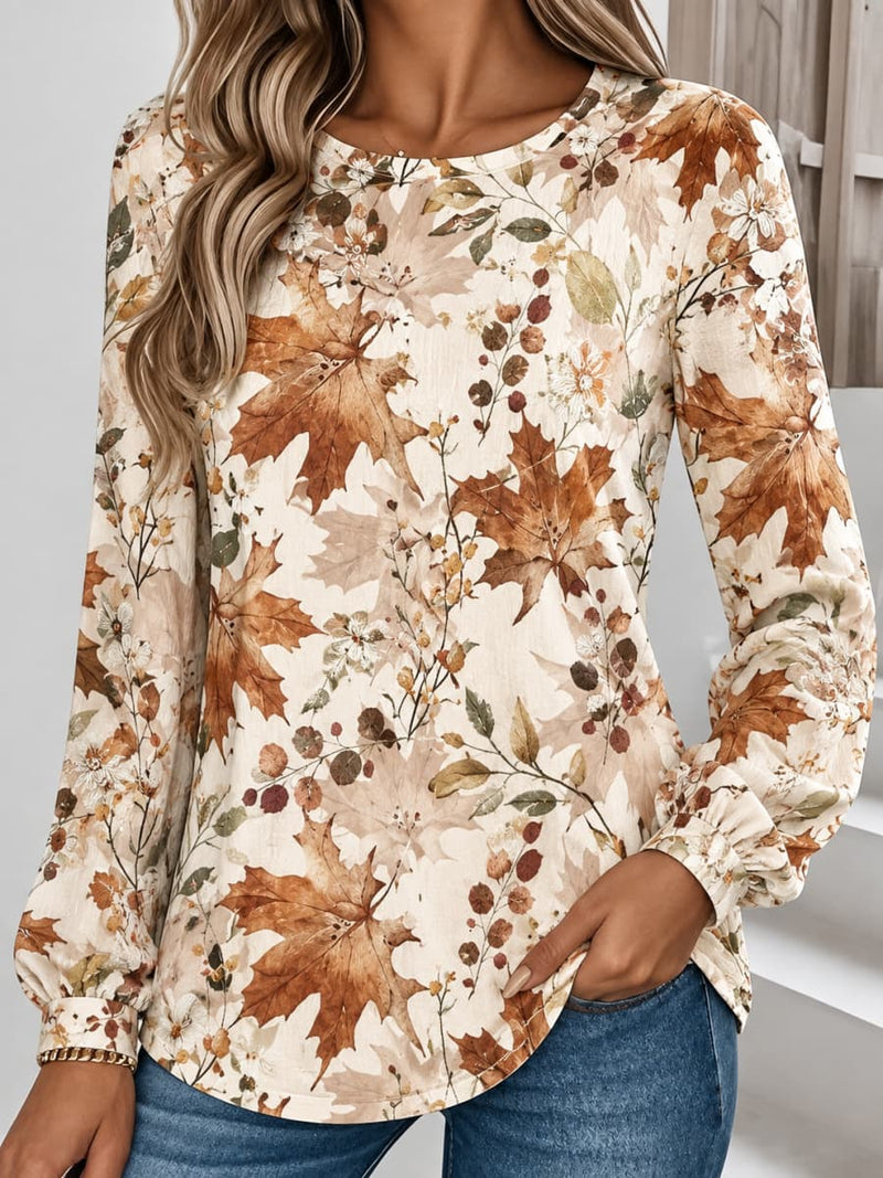 Women's Beige Autumn Maple Leaf Floral Print Round Neck Long Sleeve Top