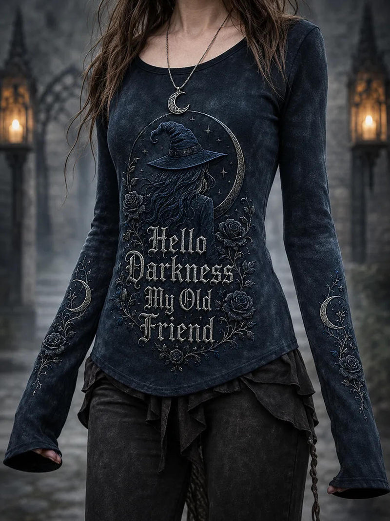 Women's Halloween Dark Blue Witch Moon Rose Letter Print Round Neck Long Sleeve Top