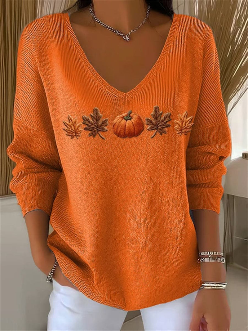 Women's Halloween Orange Pumpkin Maple Leaf Print V Neck Long Sleeve Top