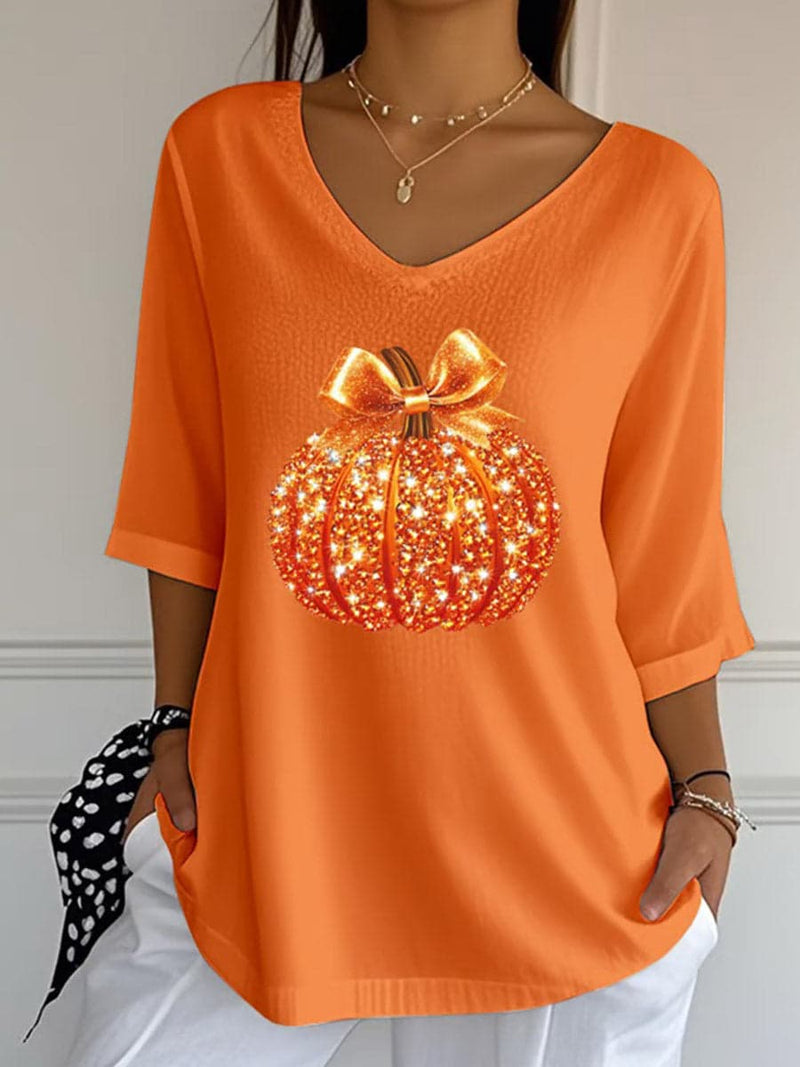 Women's Halloween Orange Bow Pumpkin Print V Neck 3/4 Sleeve Top