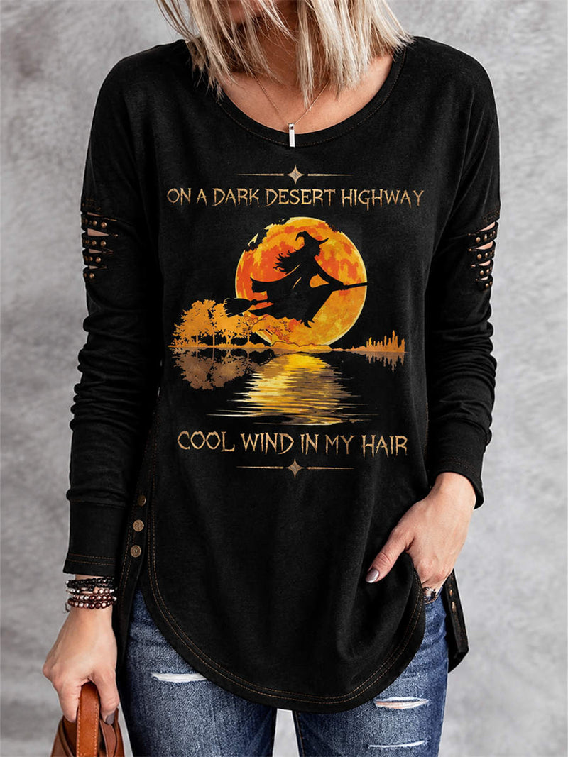 Women's Halloween Black Witch Moon Letter Print Round Neck Long Sleeve Top